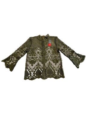 Bold Elements Women’s Size M Green Crochet Lace Zip‑Front Bell Sleeve Top